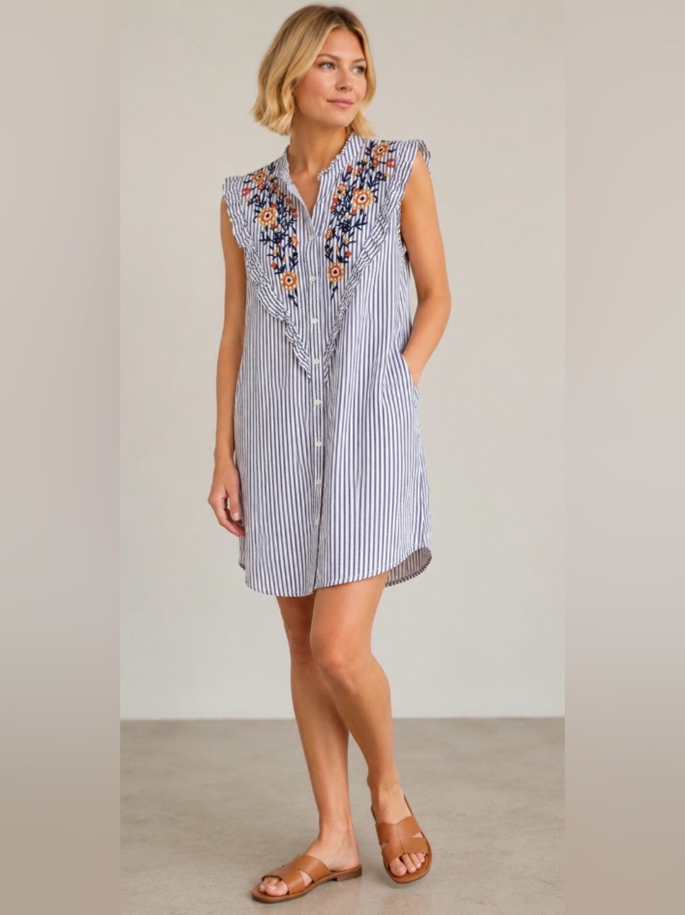 ENTRO Blue and White Striped Floral Embroidered Shirt Tank Dress Size S - Picture 2 of 14